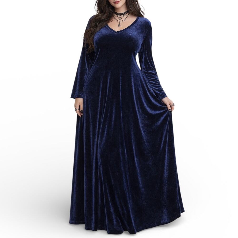 Vintage Navy Blue Velvet Maxi Dress Plus Size 16W‎ V-Neck Long Sleeve Whimsygoth